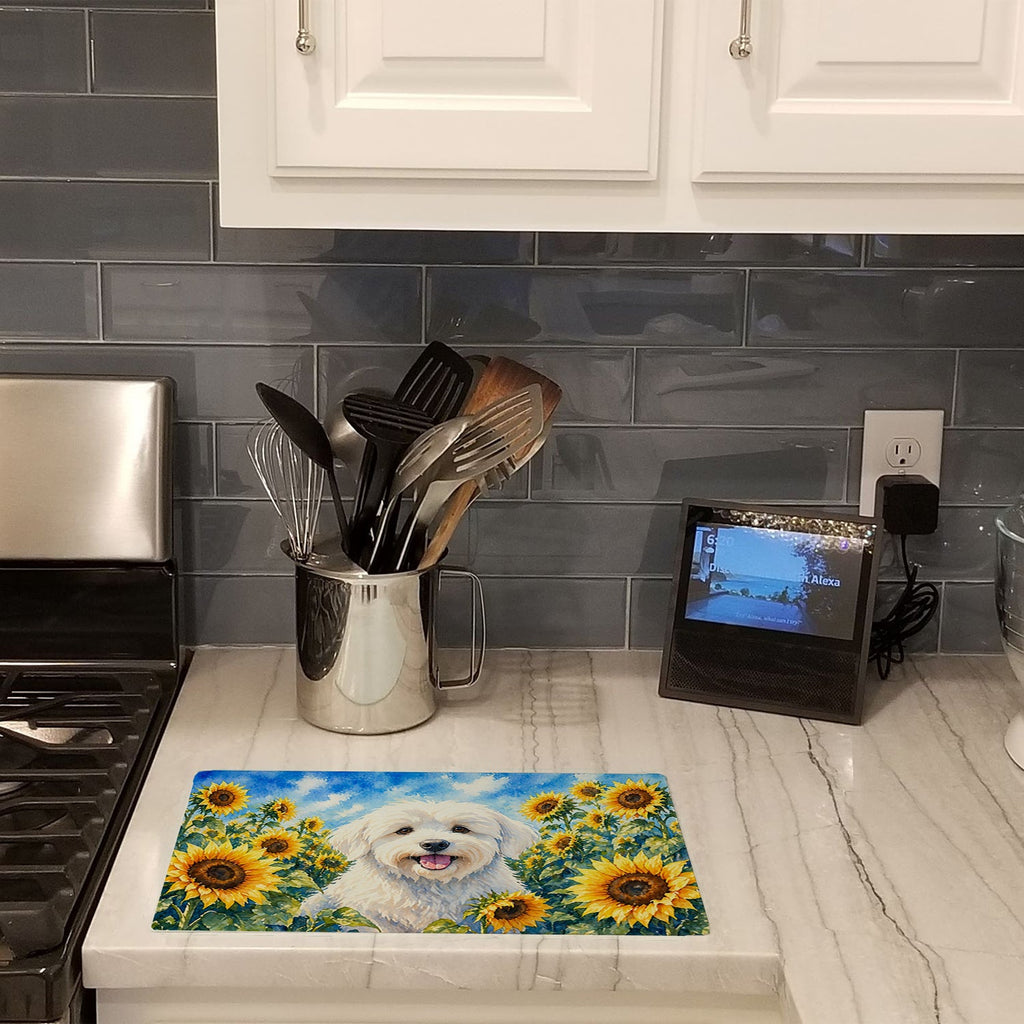 Coton de Tulear in Sunflowers Cutting Board Tempered Glass Kitchen Cutting Surface, Heat Resistant Chopping Board with Non-Slip Feet, Decorative Food Prep & Serving