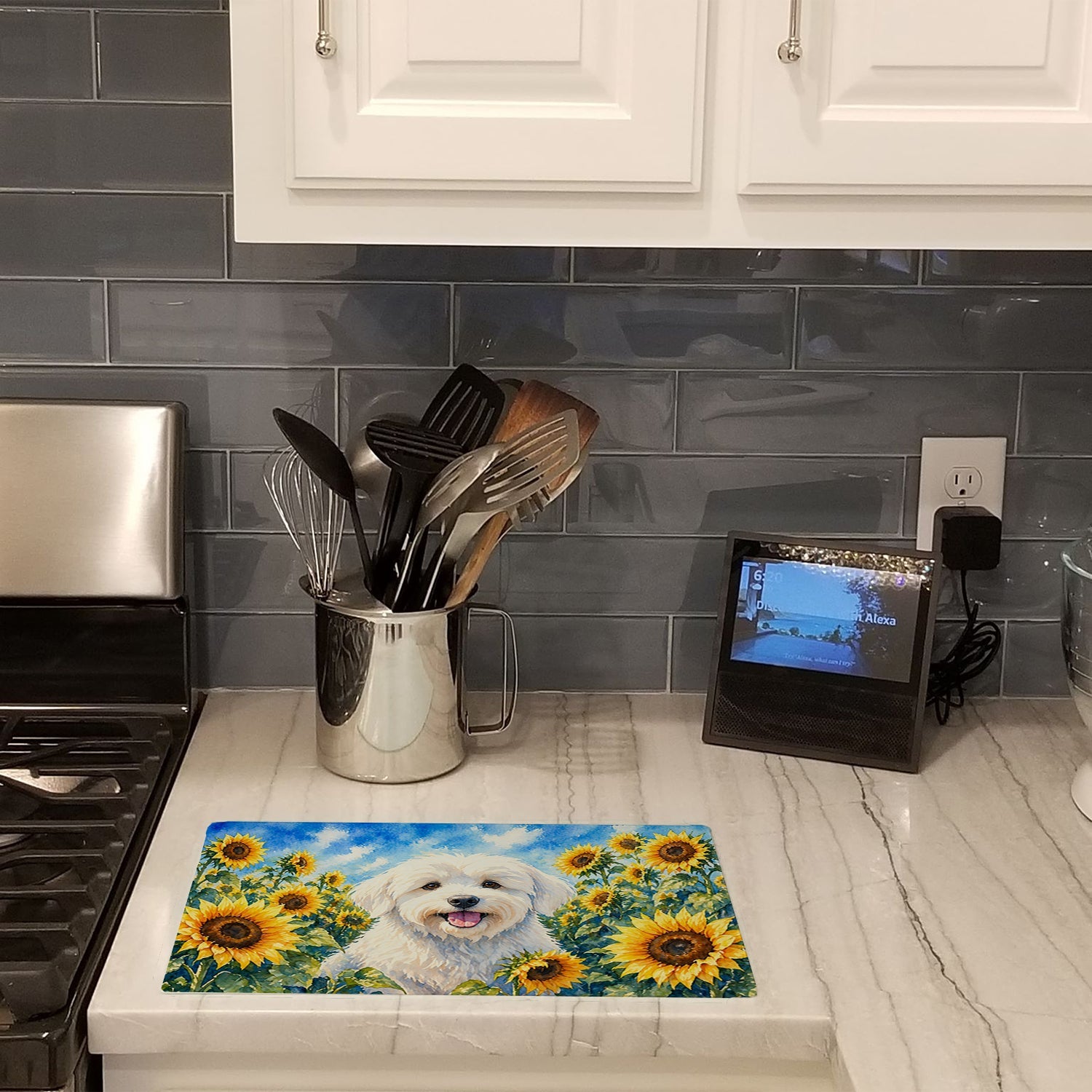 Coton de Tulear in Sunflowers Cutting Board Tempered Glass Kitchen Cutting Surface, Heat Resistant Chopping Board with Non-Slip Feet, Decorative Food Prep & Serving