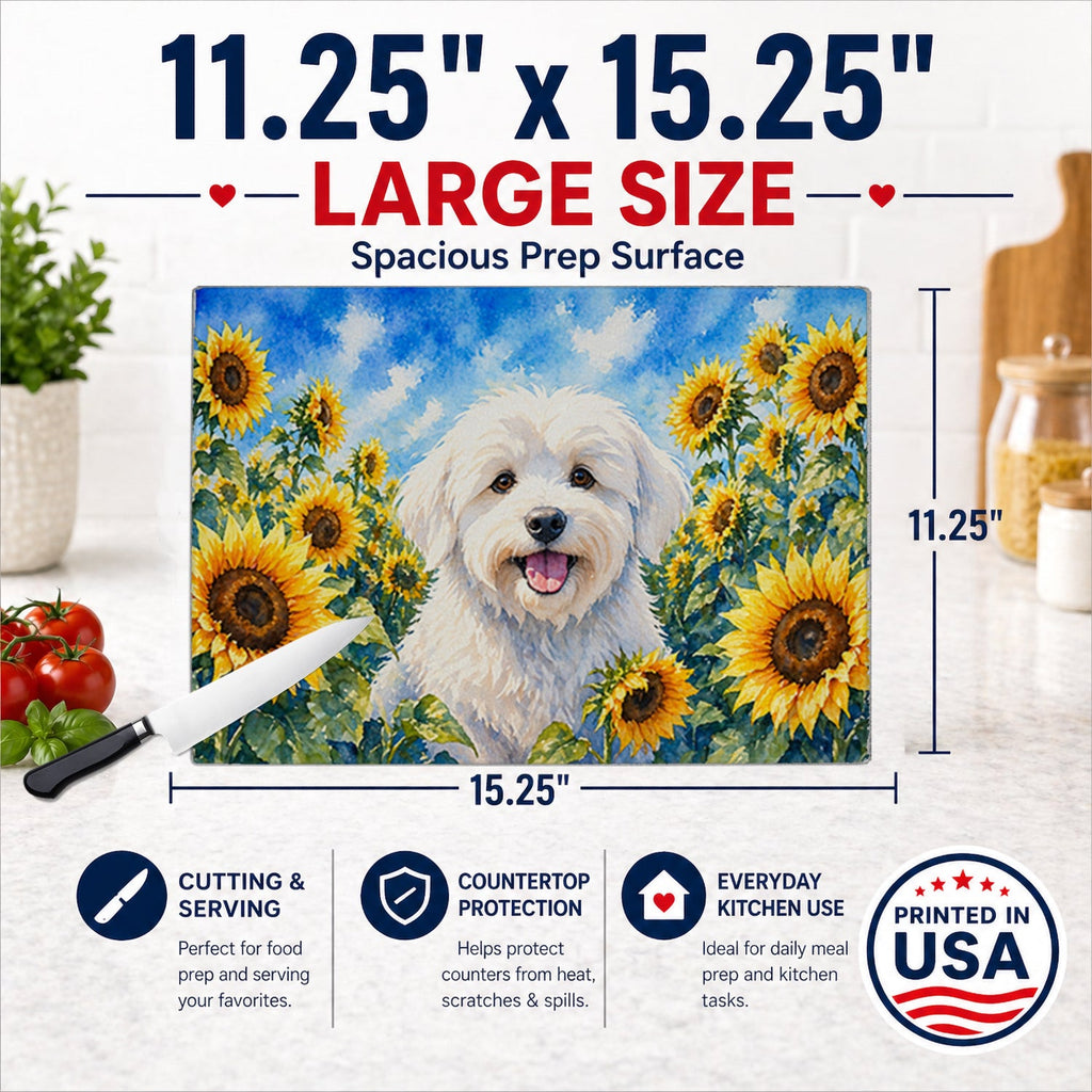 Coton de Tulear in Sunflowers Cutting Board Tempered Glass Kitchen Cutting Surface, Heat Resistant Chopping Board with Non-Slip Feet, Decorative Food Prep & Serving