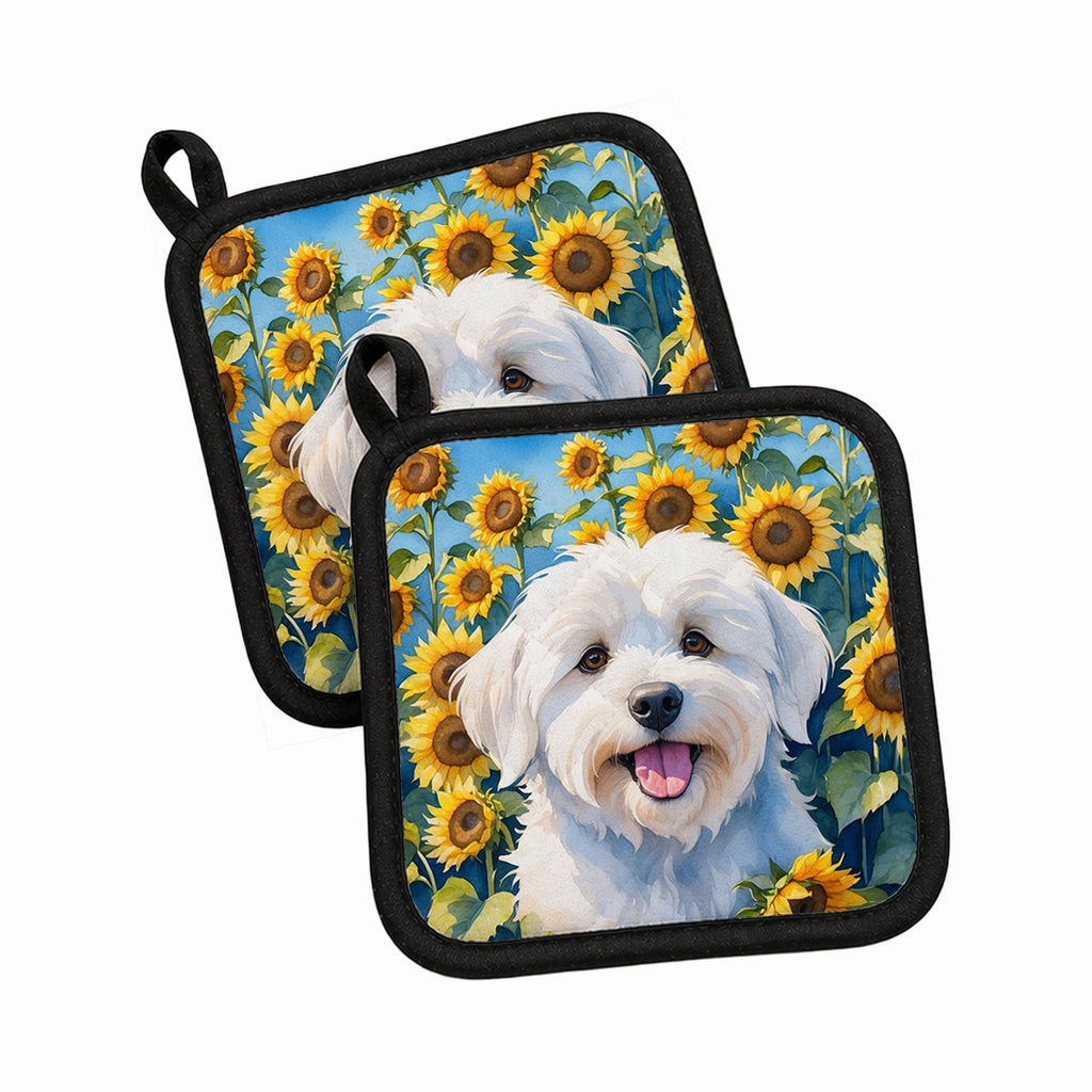 Coton de Tulear in Sunflowers Pot Holder Set of 2 Heat Resistant Quilted Hot Pads 7.5 x 7.5 Inch, Insulated Kitchen Trivets for Cooking & Baking
