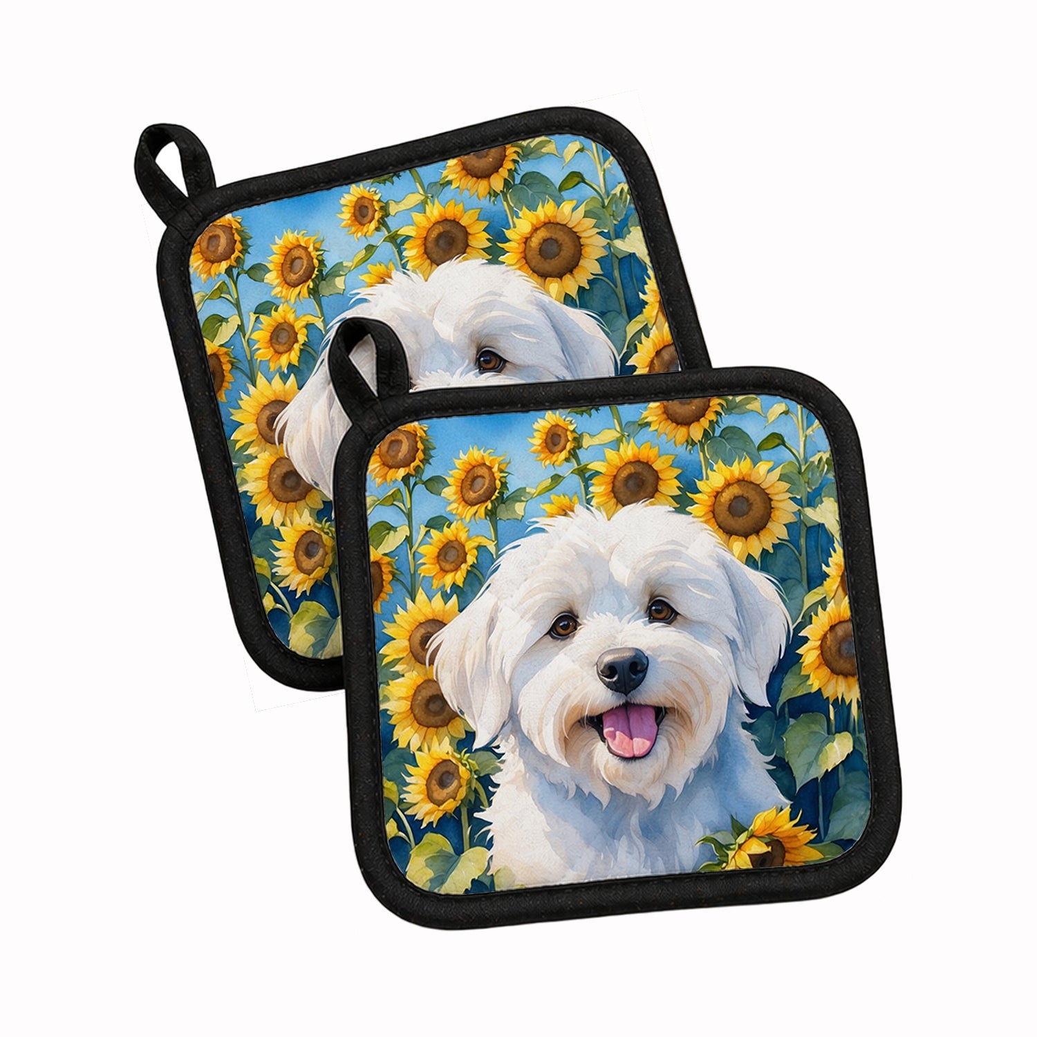 Coton de Tulear in Sunflowers Pot Holder Set of 2 Heat Resistant Quilted Hot Pads 7.5 x 7.5 Inch, Insulated Kitchen Trivets for Cooking & Baking