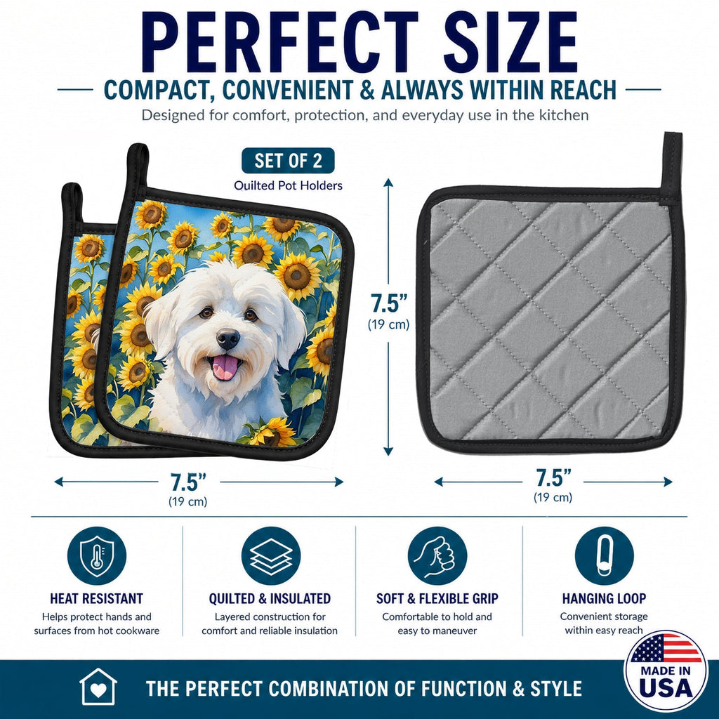 Coton de Tulear in Sunflowers Pot Holder Set of 2 Heat Resistant Quilted Hot Pads 7.5 x 7.5 Inch, Insulated Kitchen Trivets for Cooking & Baking