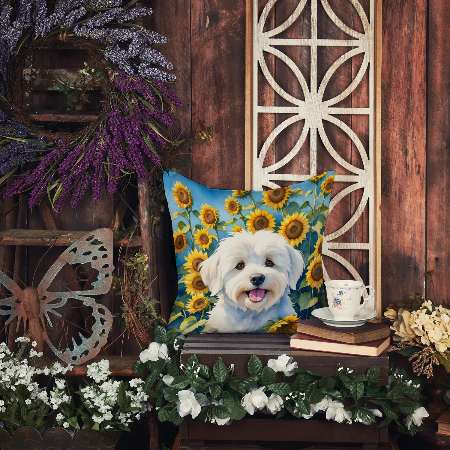 Coton de Tulear in Sunflowers Decorative Throw Pillow 14x14 Indoor Outdoor Accent Cushion, Fabric Cover with Insert for Sofa, Bed, Porch & Living Room