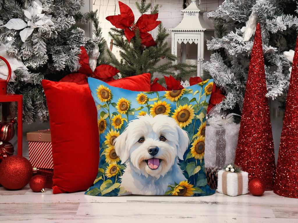 Coton de Tulear in Sunflowers Decorative Throw Pillow 14x14 Indoor Outdoor Accent Cushion, Fabric Cover with Insert for Sofa, Bed, Porch & Living Room