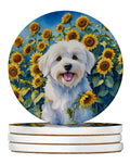 Coton de Tulear in Sunflowers Large Sandstone Coasters Pack of 4 Absorbent Round Coasters Decor Gifts for Men or Women, 4 in, Multicolor