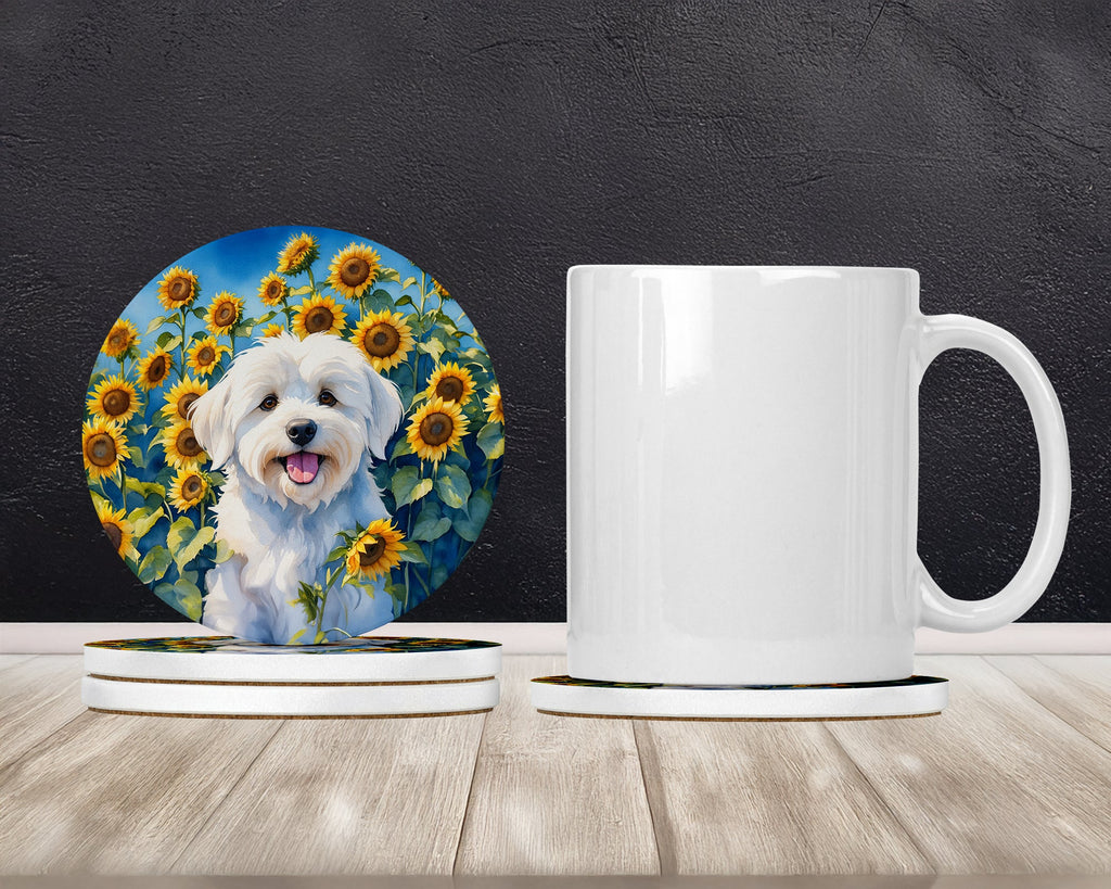 Coton de Tulear in Sunflowers Large Sandstone Coasters Pack of 4 Absorbent Round Coasters Decor Gifts for Men or Women, 4 in, Multicolor