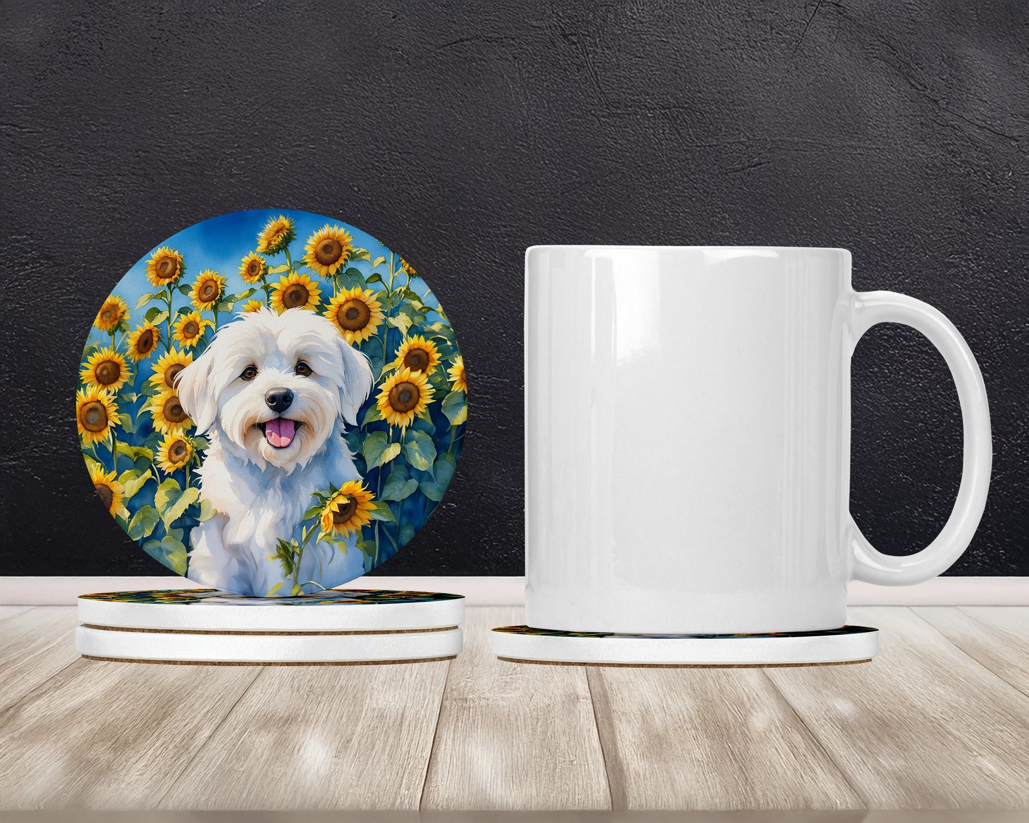 Coton de Tulear in Sunflowers Large Sandstone Coasters Pack of 4 Absorbent Round Coasters Decor Gifts for Men or Women, 4 in, Multicolor