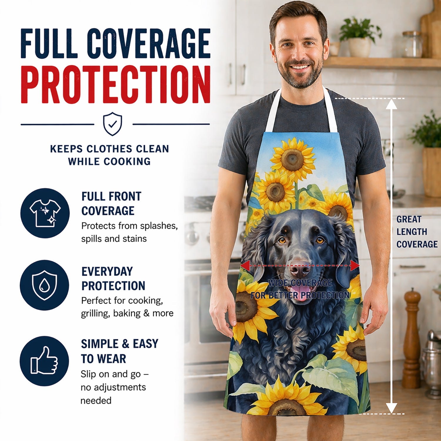 Curly-Coated Retriever in Sunflowers Apron Cooking Kitchen Server Baking Crafts Gardening for Adult Women Men, Unisex, Large, Multicolor