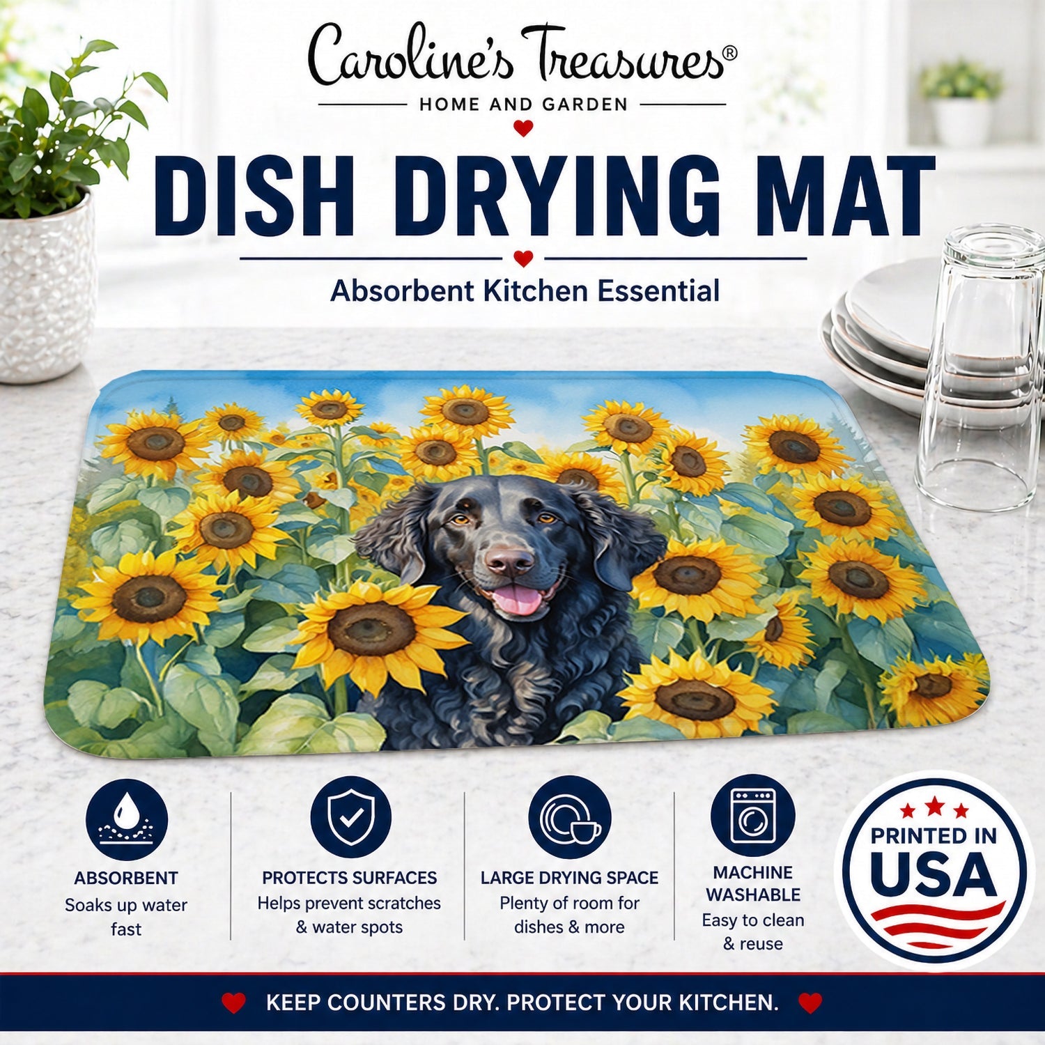 Curly-Coated Retriever in Sunflowers Dish Drying Mat Absorbent Dish Drying Mat Pad for Kitchen Counter Dish Drainer Mat for Countertop, 14 x 21", Multicolor