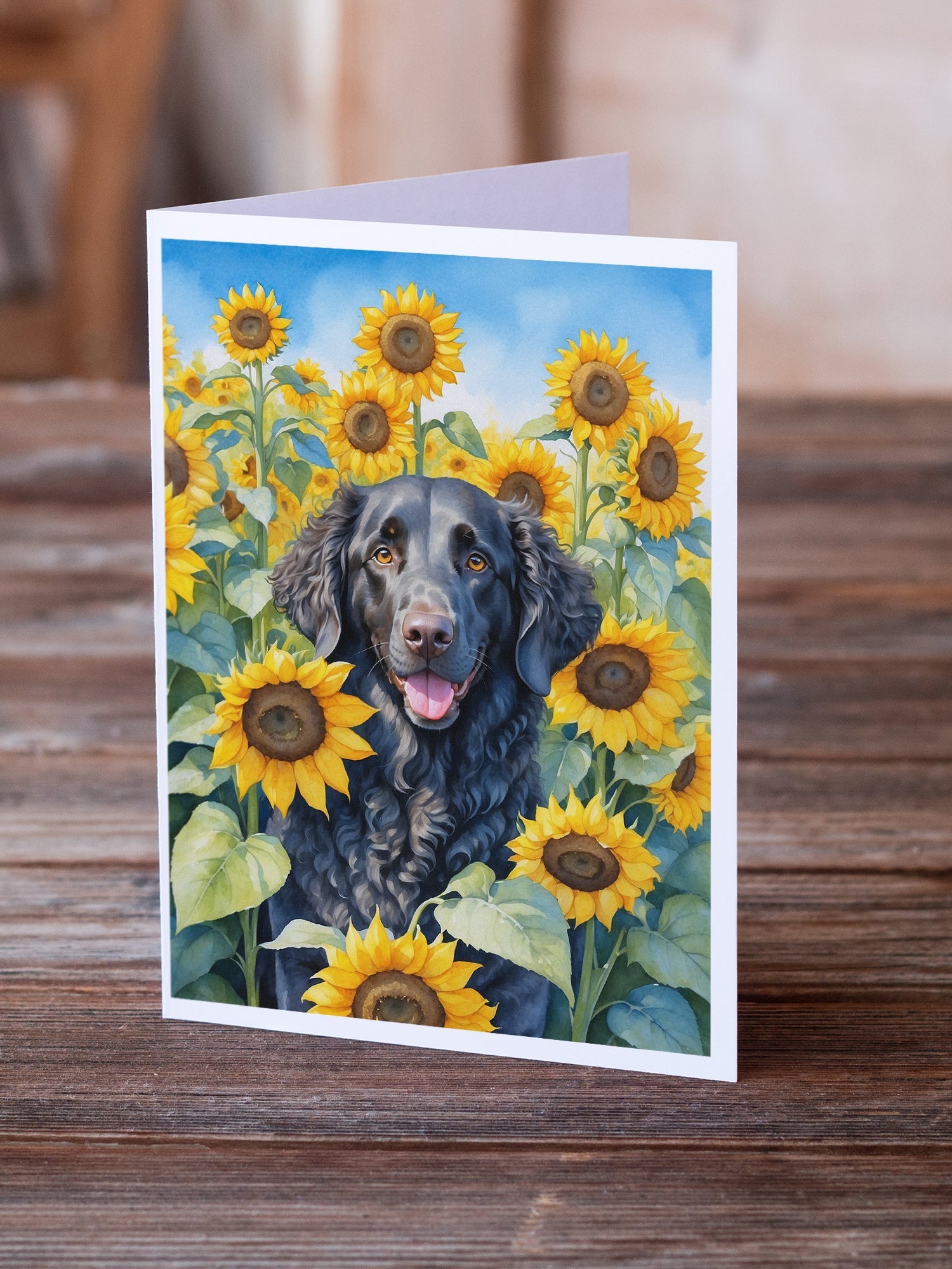 Curly-Coated Retriever in Sunflowers Greeting Cards Pack of 8 Blank Cards with Envelopes Whimsical A7 Size 5x7