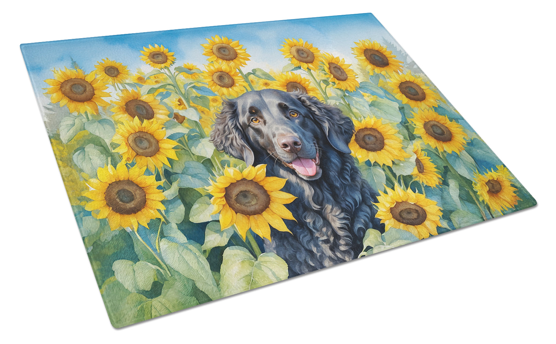 Curly-Coated Retriever in Sunflowers Cutting Board Tempered Glass Kitchen Cutting Surface, Heat Resistant Chopping Board with Non-Slip Feet, Decorative Food Prep & Serving