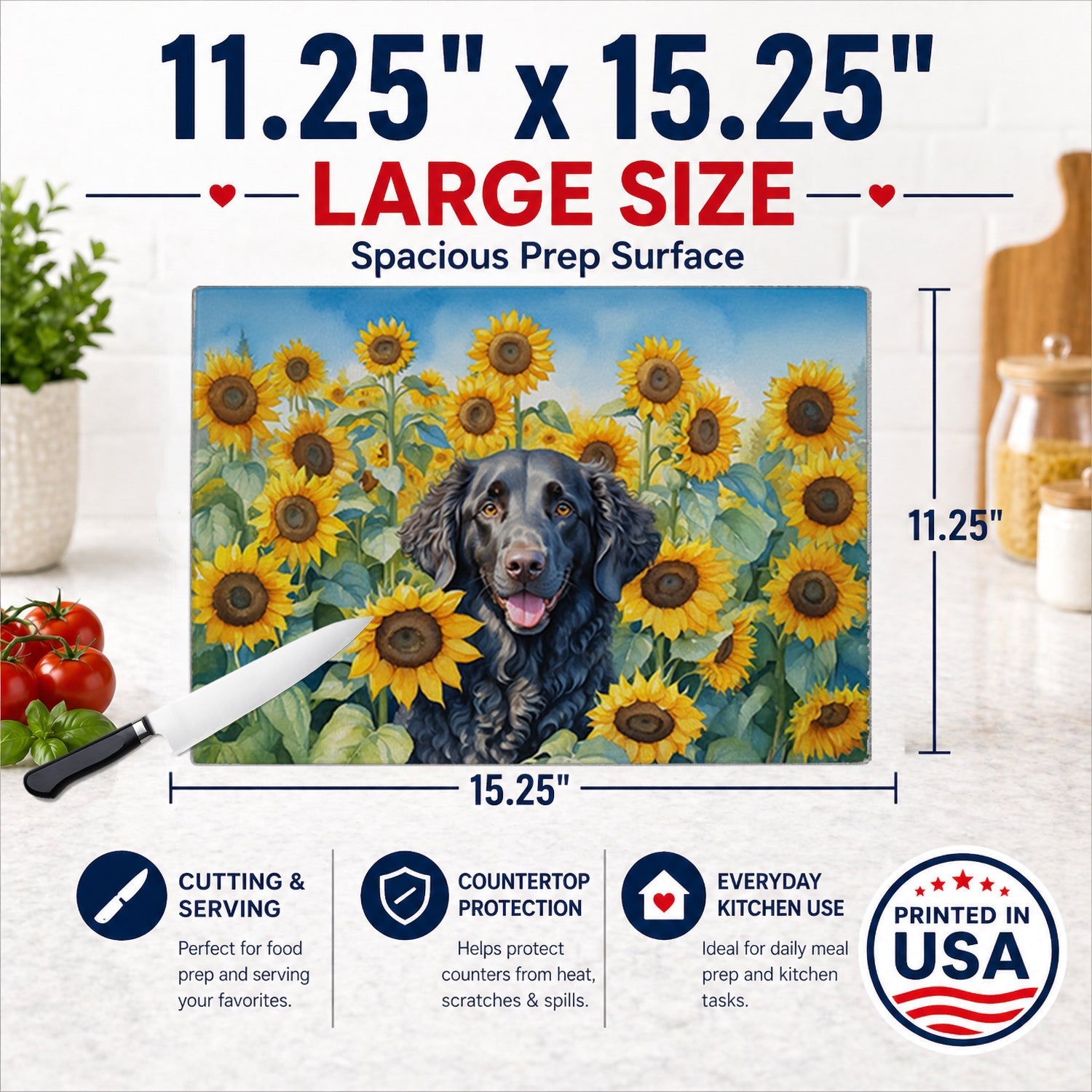 Curly-Coated Retriever in Sunflowers Cutting Board Tempered Glass Kitchen Cutting Surface, Heat Resistant Chopping Board with Non-Slip Feet, Decorative Food Prep & Serving