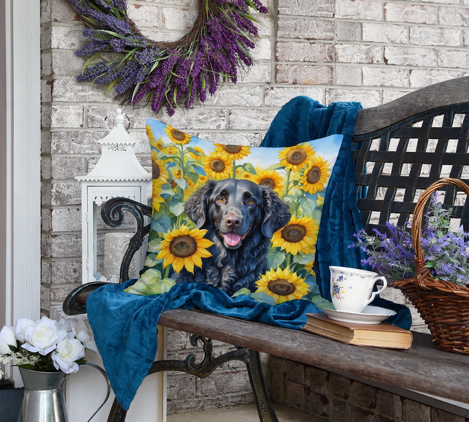 Curly-Coated Retriever in Sunflowers Decorative Throw Pillow 18x18 Indoor Outdoor Accent Cushion, Fabric Cover with Insert for Sofa, Bed, Porch & Living Room