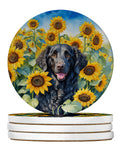 Curly-Coated Retriever in Sunflowers Large Sandstone Coasters Pack of 4 Absorbent Round Coasters Decor Gifts for Men or Women, 4 in, Multicolor