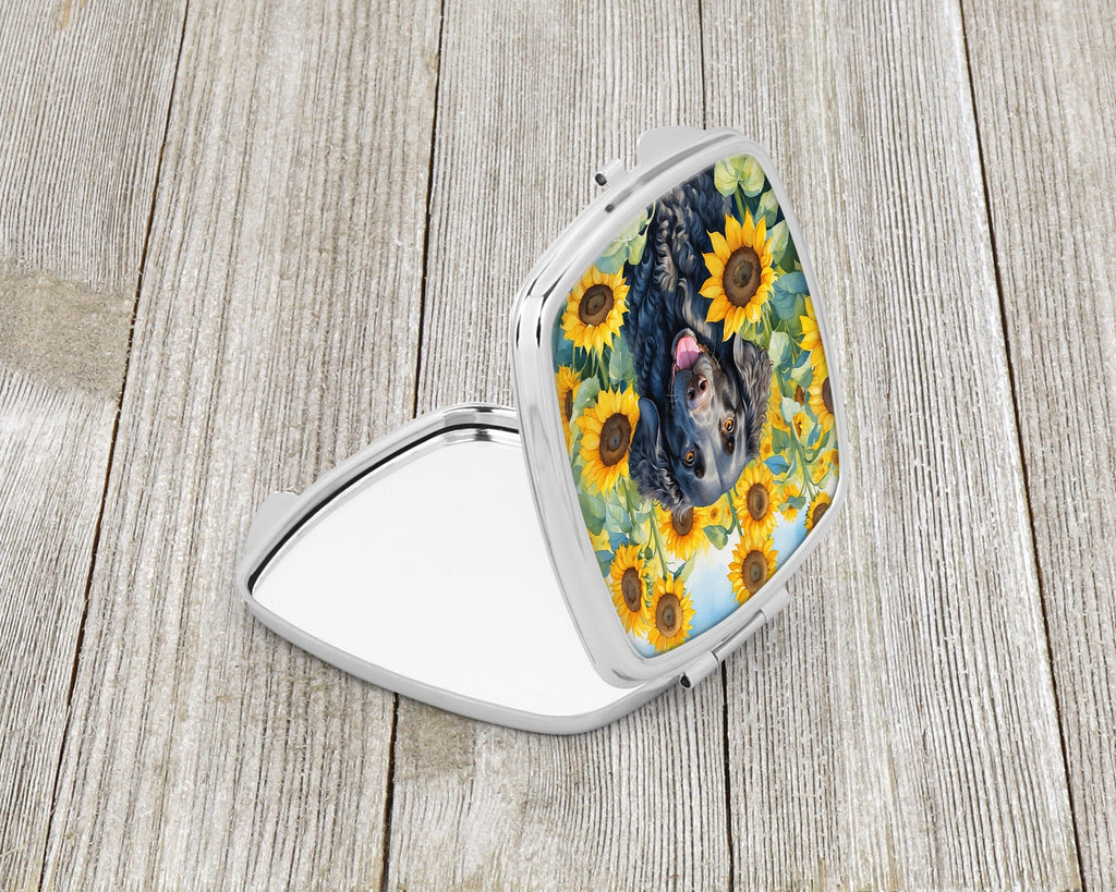 Curly-Coated Retriever in Sunflowers Compact Mirror Decorative Travel Makeup Mirror for Women Girls Gifts Pocket Makeup Mirror Folding Handheld