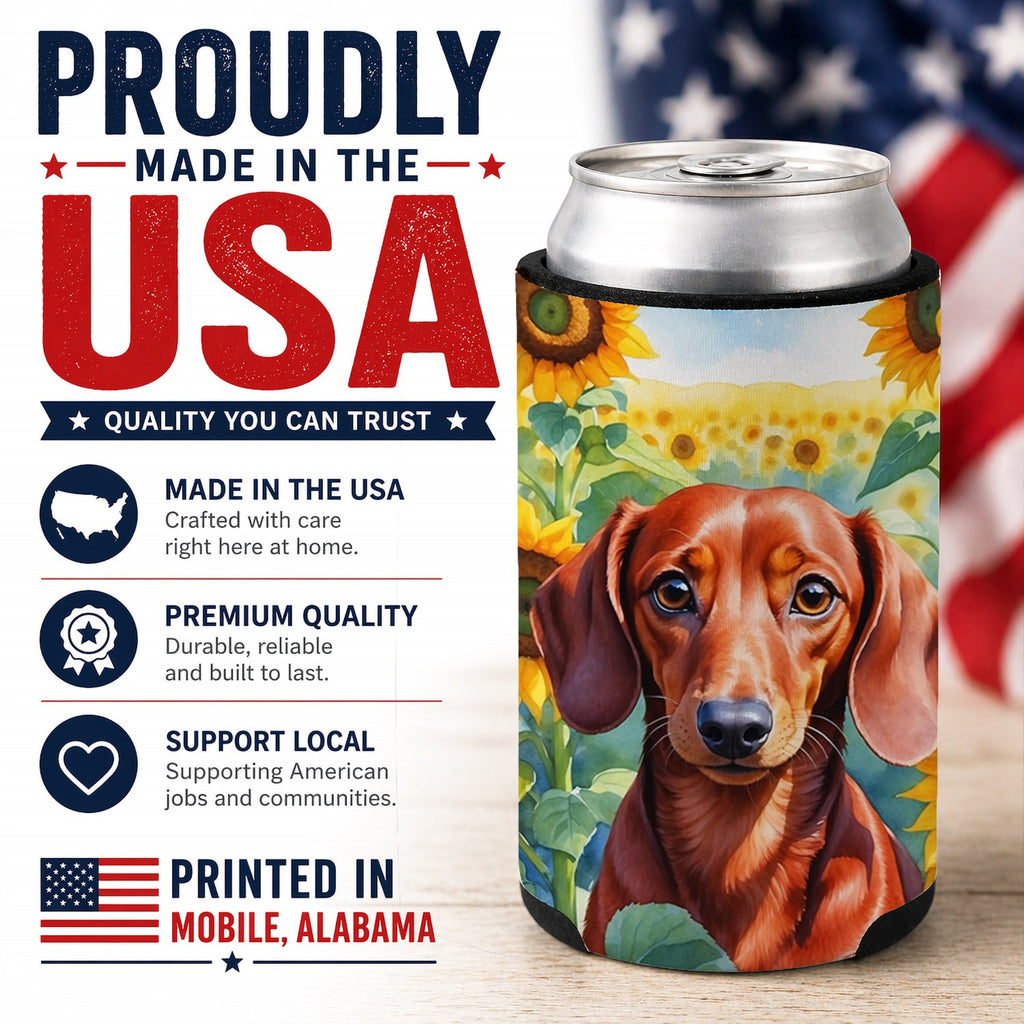 Dachshund in Sunflowers Can or Bottle Hugger Cooler Sleeve for Standard 12 oz Cans, Insulated Foam Beer & Soda Can Hugger Reusable
