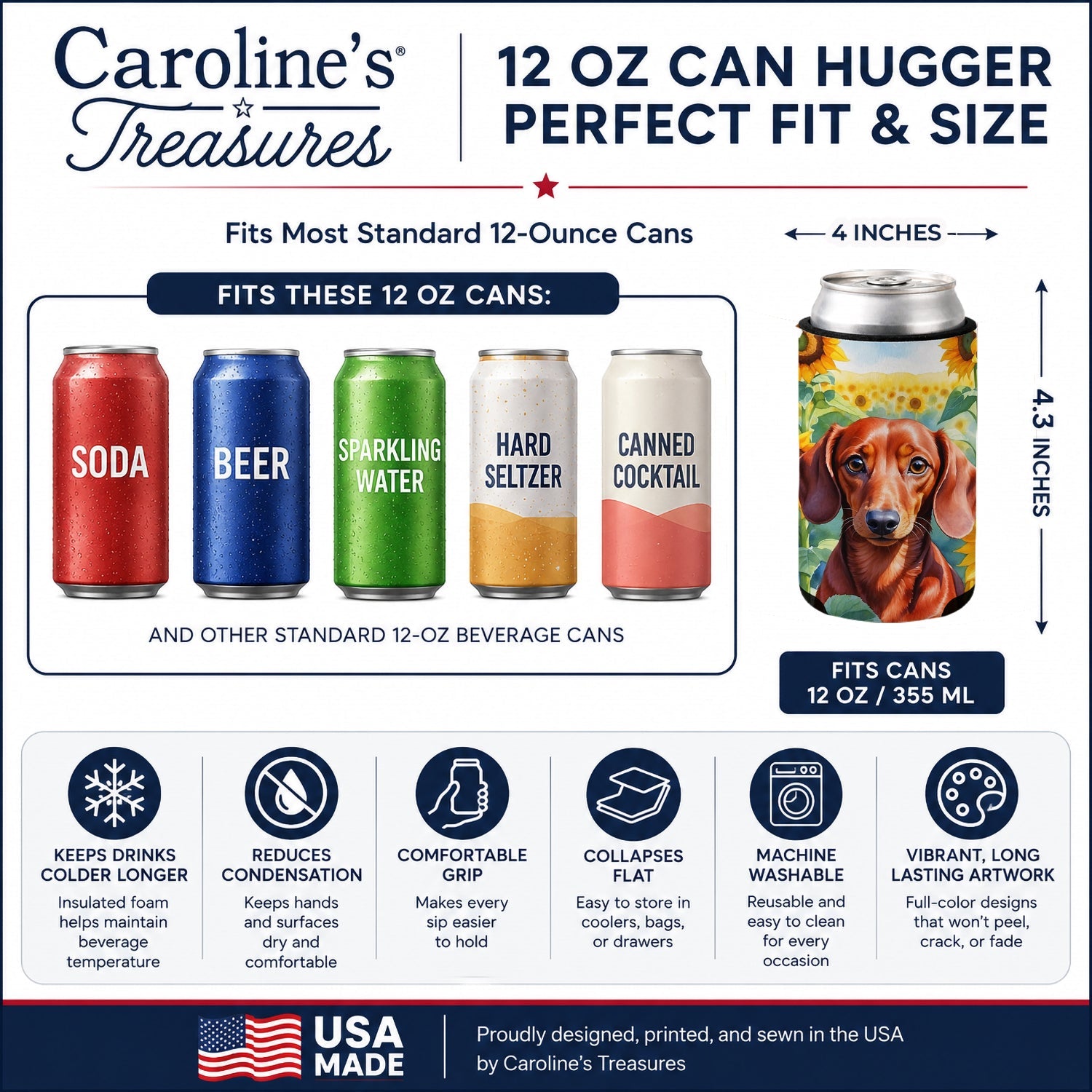 Dachshund in Sunflowers Can or Bottle Hugger Cooler Sleeve for Standard 12 oz Cans, Insulated Foam Beer & Soda Can Hugger Reusable