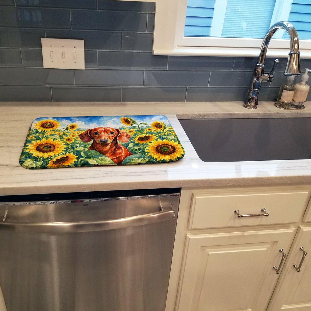 Dachshund in Sunflowers Dish Drying Mat Absorbent Dish Drying Mat Pad for Kitchen Counter Dish Drainer Mat for Countertop, 14 x 21", Multicolor
