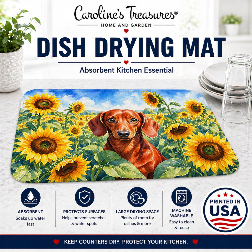 Dachshund in Sunflowers Dish Drying Mat Absorbent Dish Drying Mat Pad for Kitchen Counter Dish Drainer Mat for Countertop, 14 x 21", Multicolor