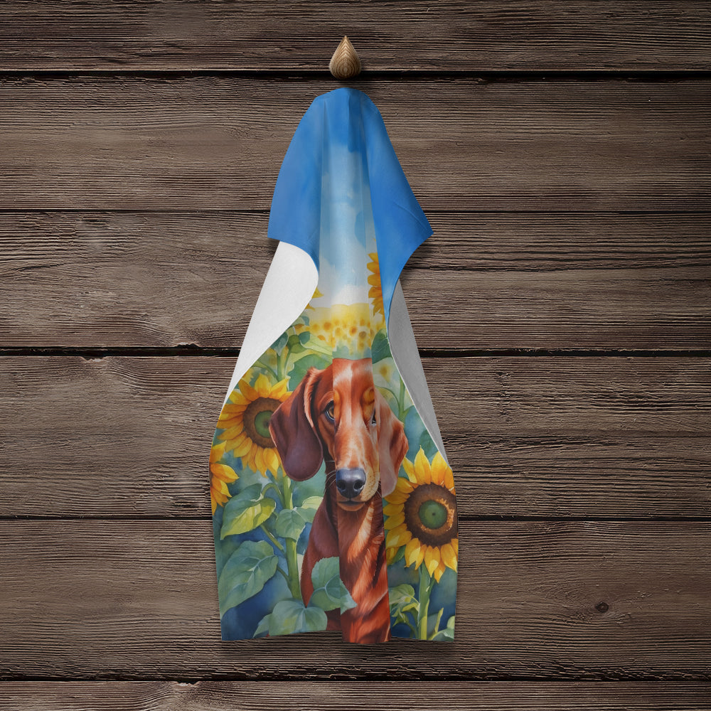 Dachshund in Sunflowers Kitchen Towel Velour Plush Front and Cotton Loop Back Machine Washable