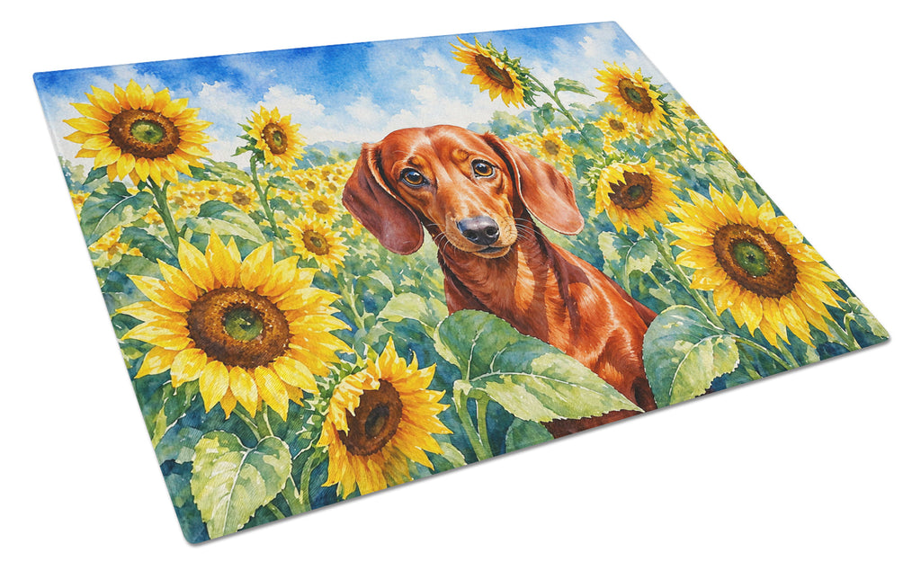 Dachshund in Sunflowers Cutting Board Tempered Glass Kitchen Cutting Surface, Heat Resistant Chopping Board with Non-Slip Feet, Decorative Food Prep & Serving