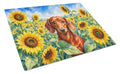 Dachshund in Sunflowers Cutting Board Tempered Glass Kitchen Cutting Surface, Heat Resistant Chopping Board with Non-Slip Feet, Decorative Food Prep & Serving