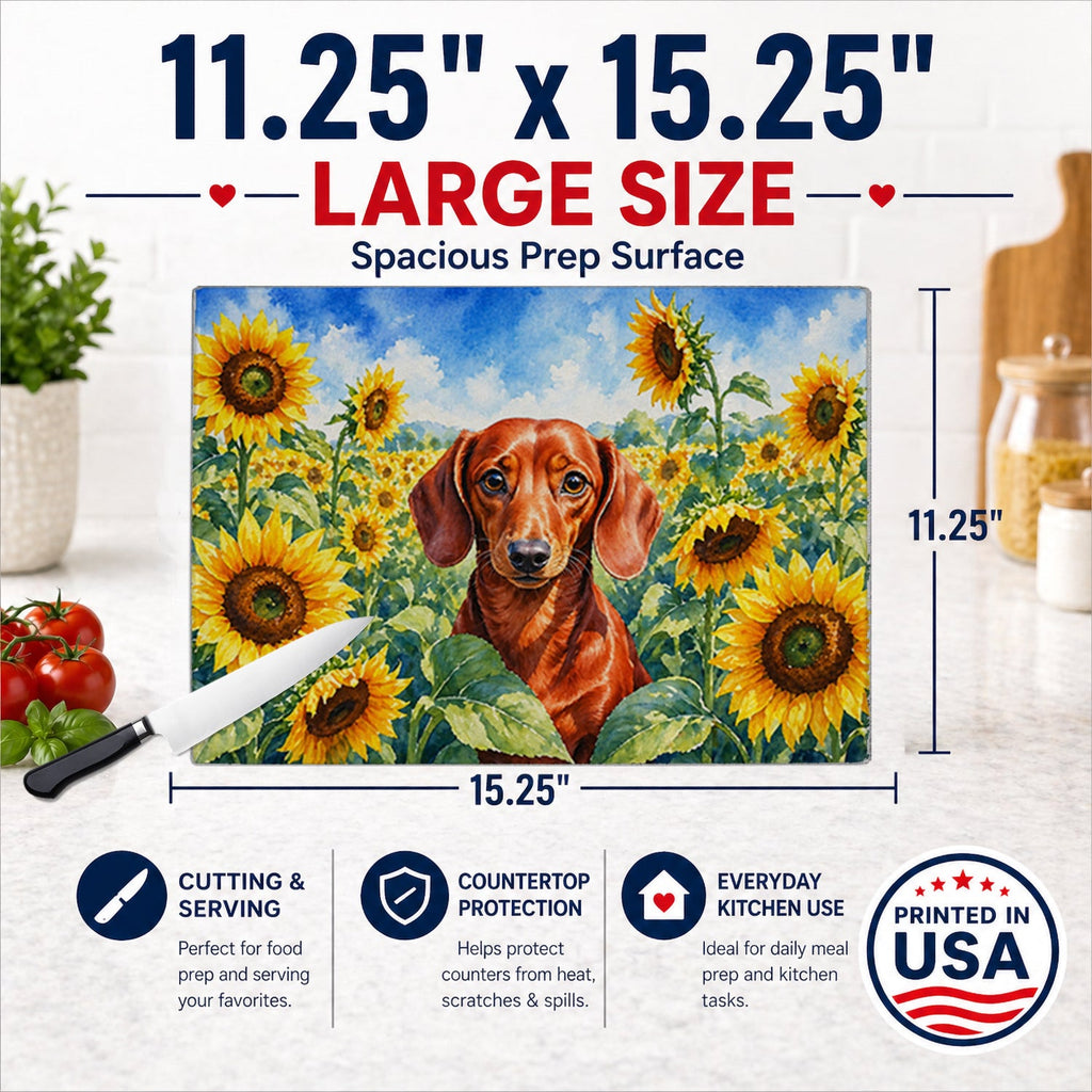 Dachshund in Sunflowers Cutting Board Tempered Glass Kitchen Cutting Surface, Heat Resistant Chopping Board with Non-Slip Feet, Decorative Food Prep & Serving