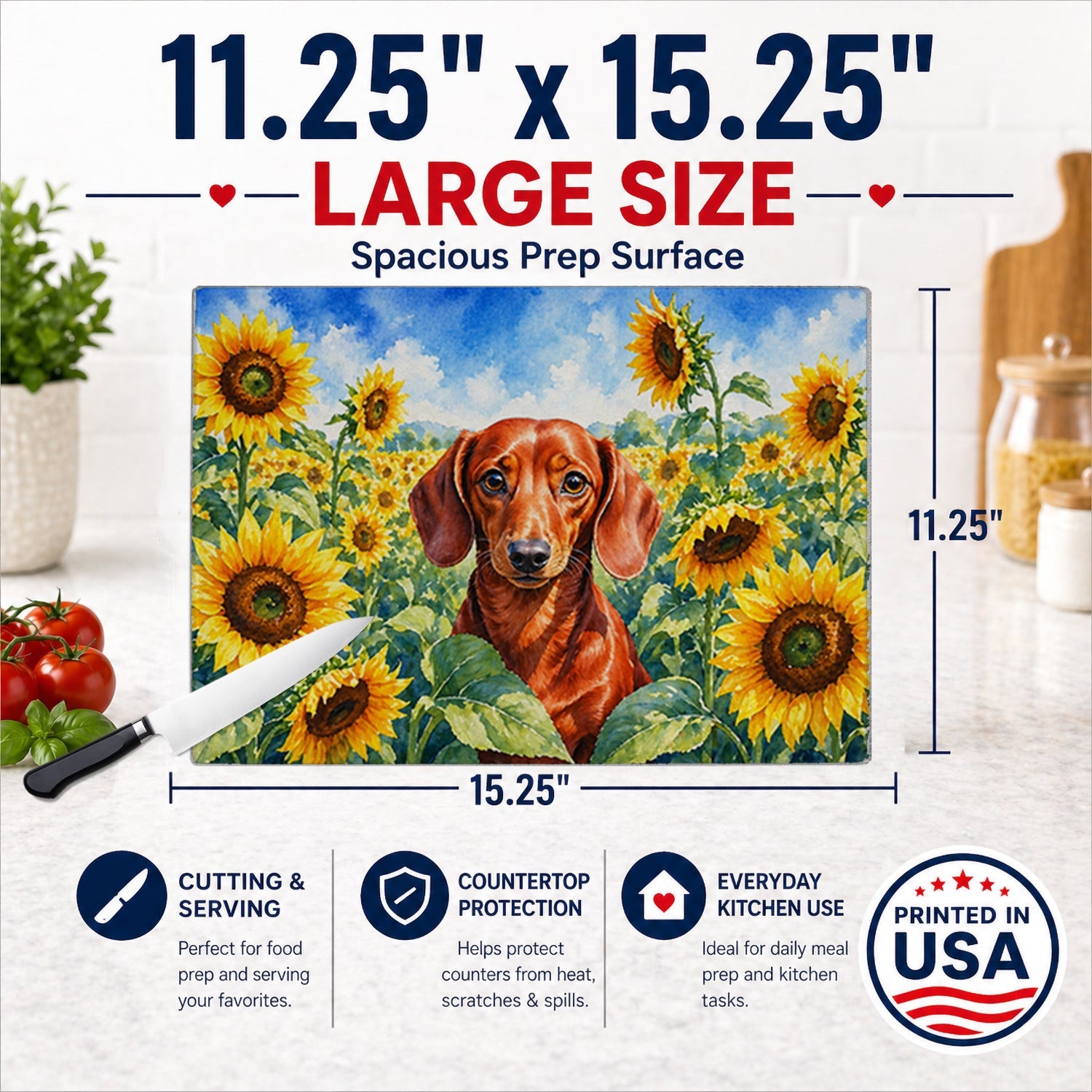 Dachshund in Sunflowers Cutting Board Tempered Glass Kitchen Cutting Surface, Heat Resistant Chopping Board with Non-Slip Feet, Decorative Food Prep & Serving