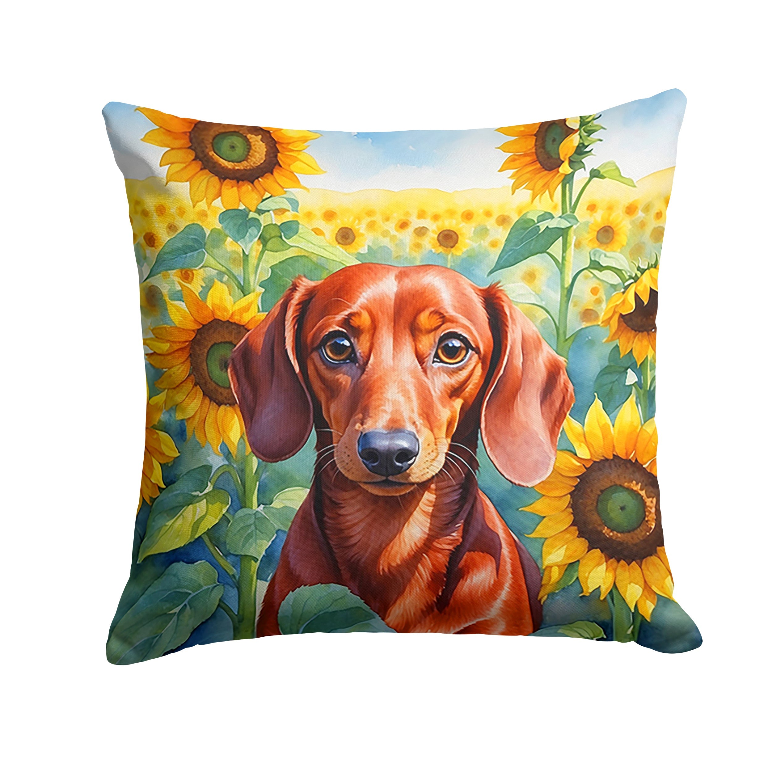 Dachshund in Sunflowers Decorative Throw Pillow 18x18 Indoor Outdoor Accent Cushion, Fabric Cover with Insert for Sofa, Bed, Porch & Living Room