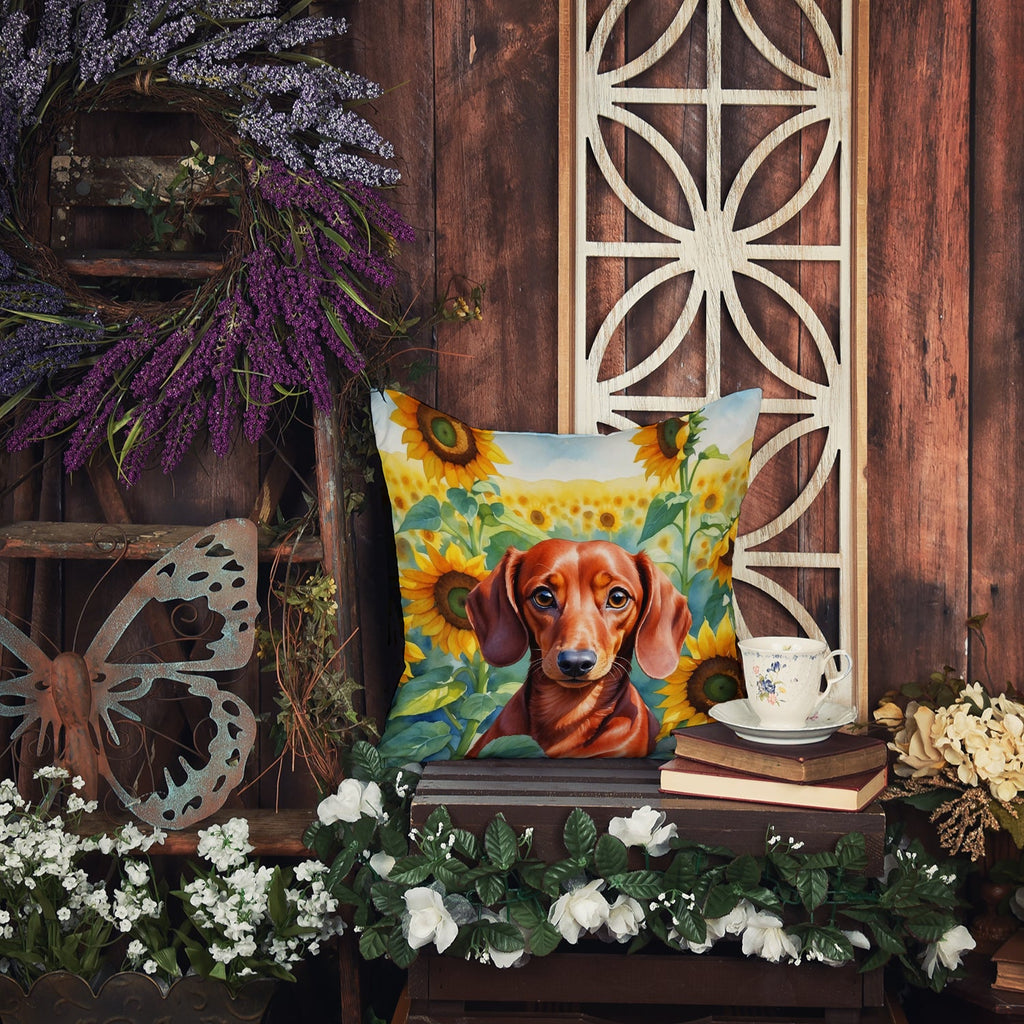 Dachshund in Sunflowers Decorative Throw Pillow 18x18 Indoor Outdoor Accent Cushion, Fabric Cover with Insert for Sofa, Bed, Porch & Living Room