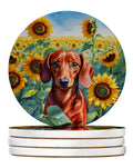 Dachshund in Sunflowers Large Sandstone Coasters Pack of 4 Absorbent Round Coasters Decor Gifts for Men or Women, 4 in, Multicolor