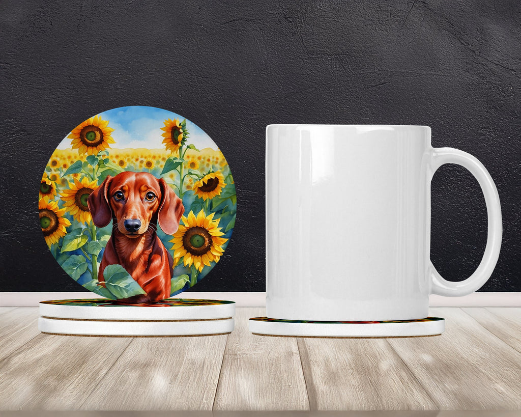 Dachshund in Sunflowers Large Sandstone Coasters Pack of 4 Absorbent Round Coasters Decor Gifts for Men or Women, 4 in, Multicolor