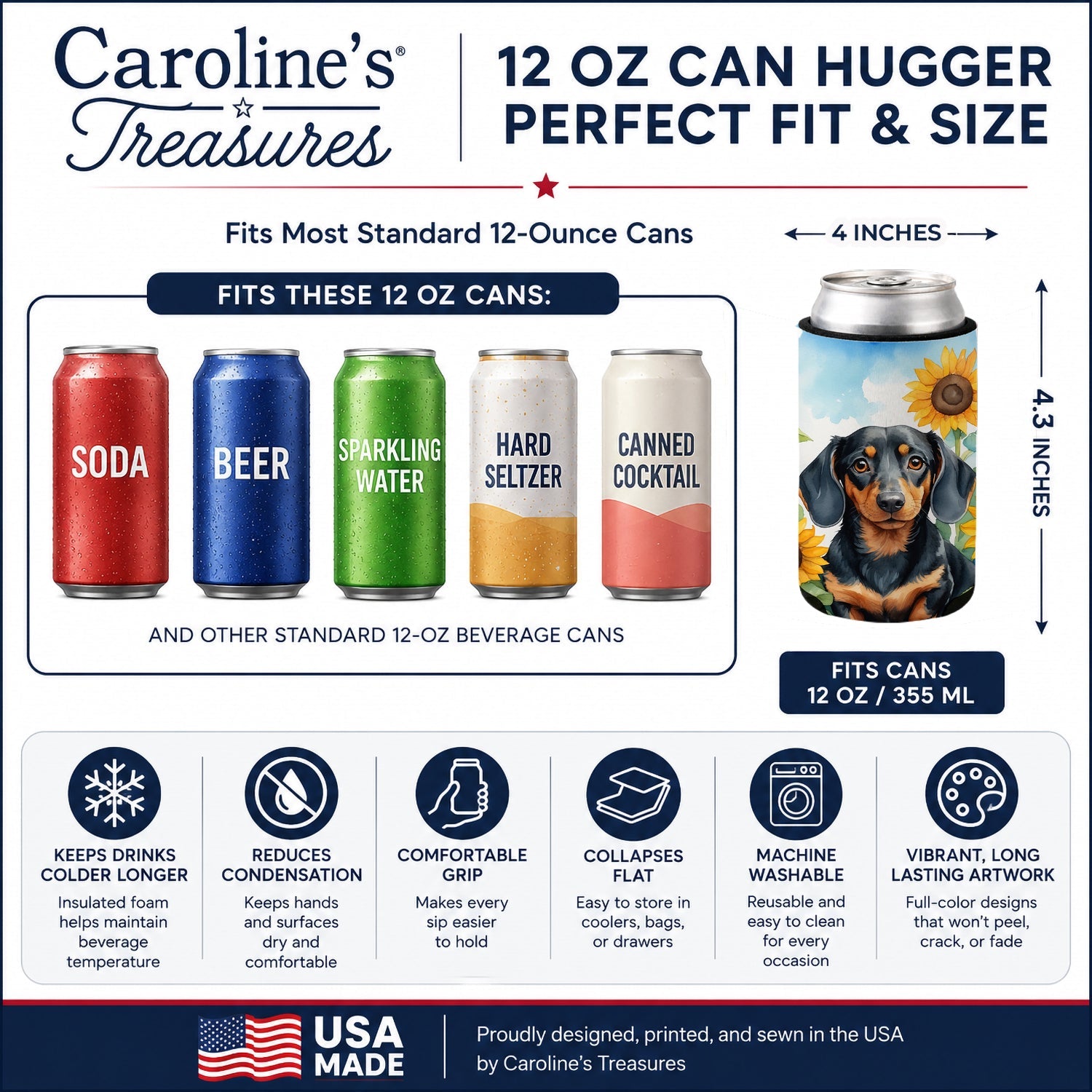 Dachshund in Sunflowers Can or Bottle Hugger Cooler Sleeve for Standard 12 oz Cans, Insulated Foam Beer & Soda Can Hugger Reusable