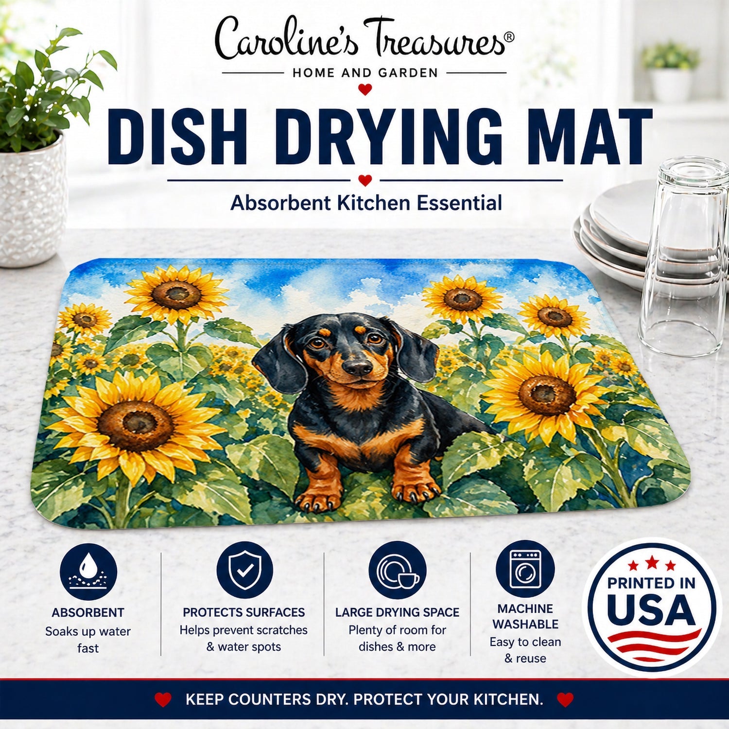 Dachshund in Sunflowers Dish Drying Mat Absorbent Dish Drying Mat Pad for Kitchen Counter Dish Drainer Mat for Countertop, 14 x 21", Multicolor