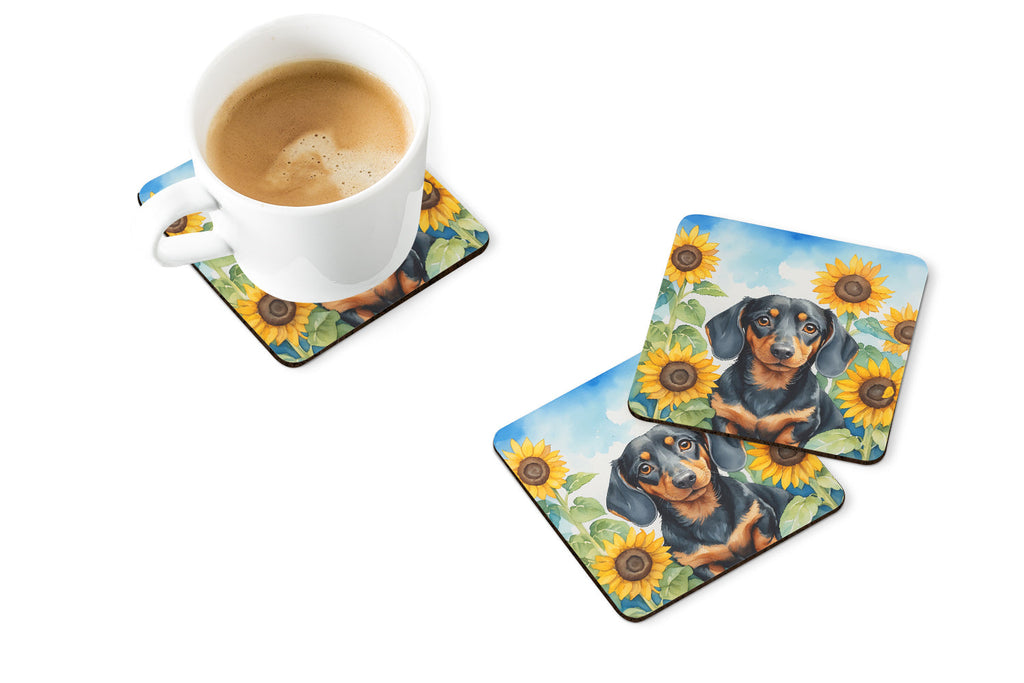 Dachshund in Sunflowers Foam Coasters Set of 4 Cup Coasters for Indoor Outdoor, Tabletop Protection, Anti Slip, Mouse pad Material