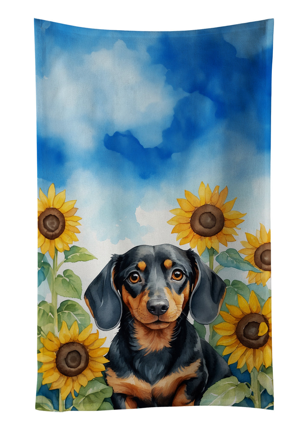 Dachshund in Sunflowers Kitchen Towel Velour Plush Front and Cotton Loop Back Machine Washable
