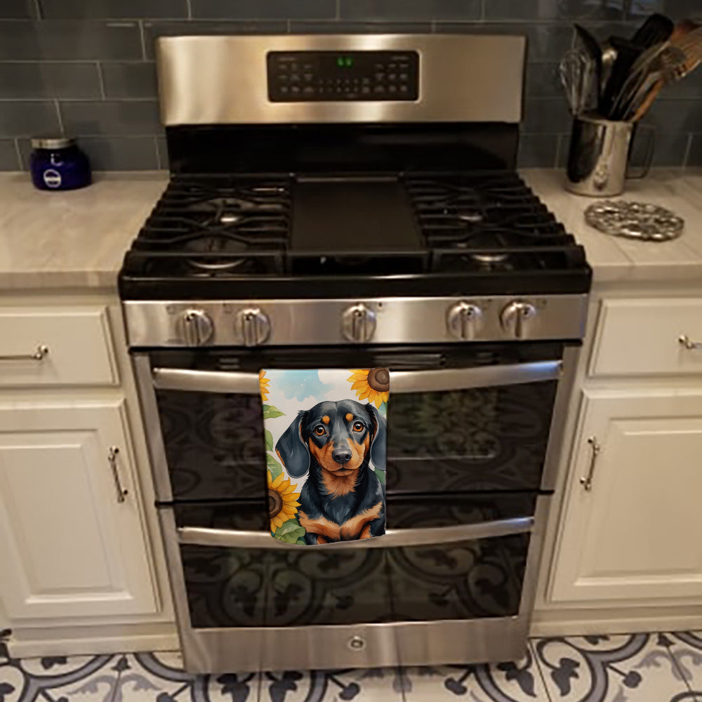 Dachshund in Sunflowers Kitchen Towel Velour Plush Front and Cotton Loop Back Machine Washable