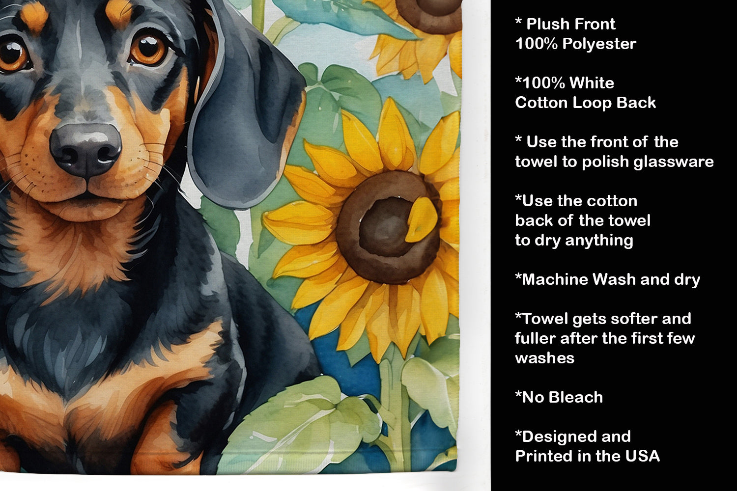 Dachshund in Sunflowers Kitchen Towel Velour Plush Front and Cotton Loop Back Machine Washable