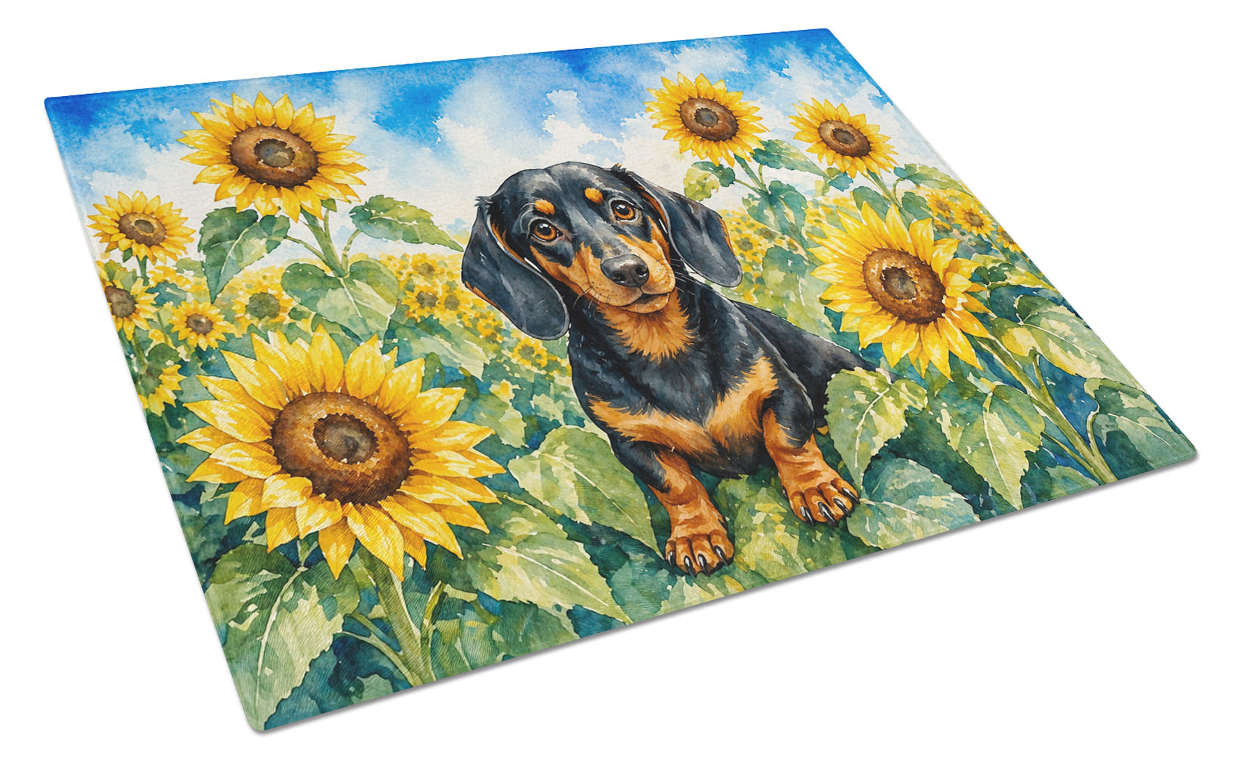 Dachshund in Sunflowers Cutting Board Tempered Glass Kitchen Cutting Surface, Heat Resistant Chopping Board with Non-Slip Feet, Decorative Food Prep & Serving