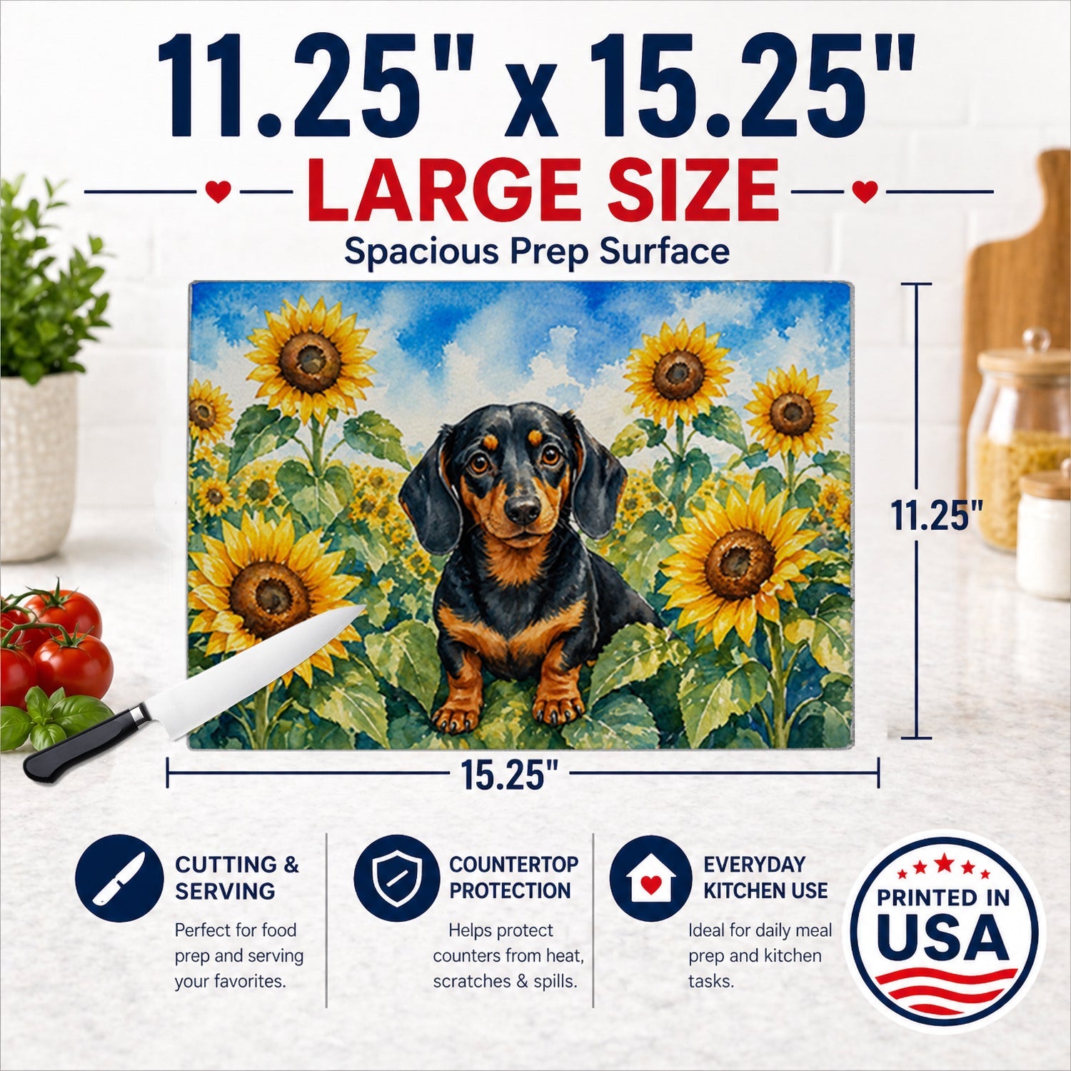 Dachshund in Sunflowers Cutting Board Tempered Glass Kitchen Cutting Surface, Heat Resistant Chopping Board with Non-Slip Feet, Decorative Food Prep & Serving
