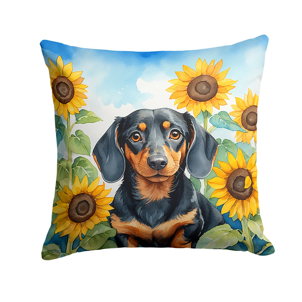 Dachshund in Sunflowers Decorative Throw Pillow 14x14 Indoor Outdoor Accent Cushion, Fabric Cover with Insert for Sofa, Bed, Porch & Living Room