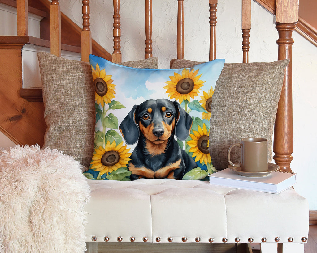 Dachshund in Sunflowers Decorative Throw Pillow 14x14 Indoor Outdoor Accent Cushion, Fabric Cover with Insert for Sofa, Bed, Porch & Living Room