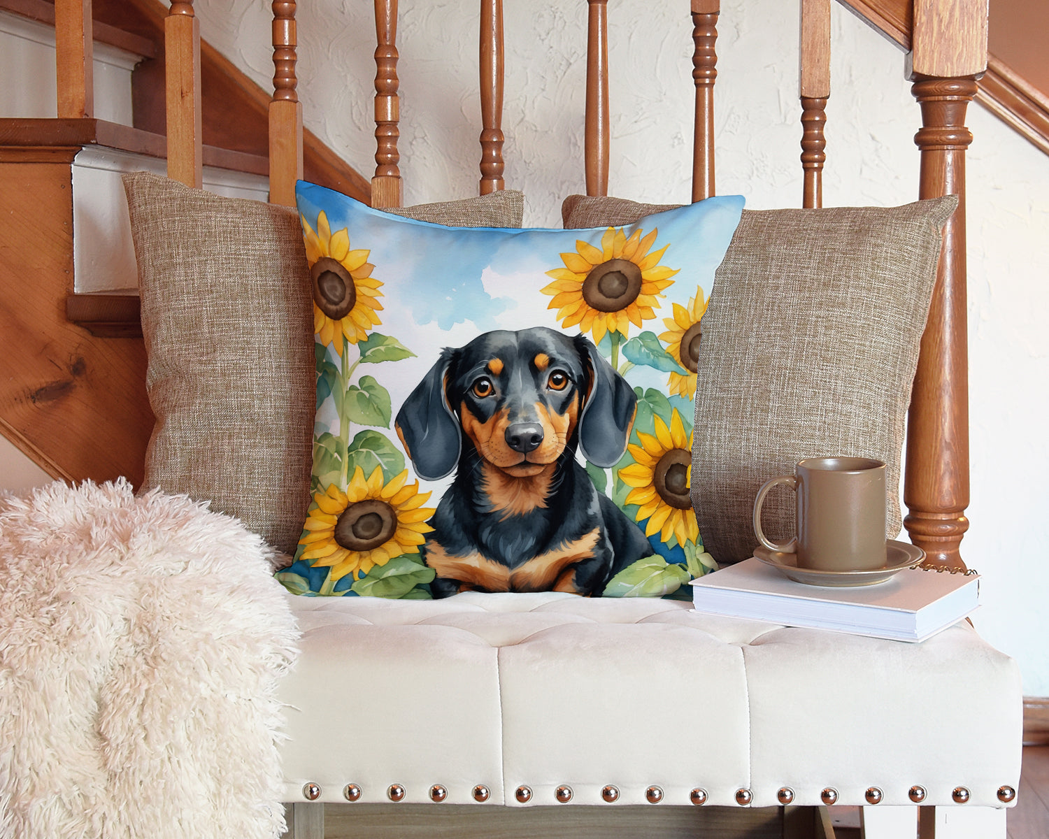 Dachshund in Sunflowers Decorative Throw Pillow 14x14 Indoor Outdoor Accent Cushion, Fabric Cover with Insert for Sofa, Bed, Porch & Living Room