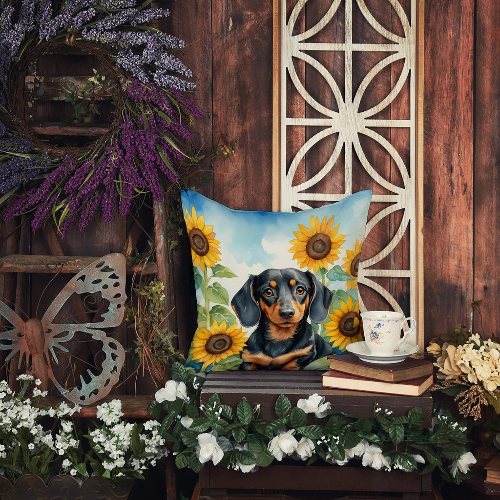 Dachshund in Sunflowers Decorative Throw Pillow 14x14 Indoor Outdoor Accent Cushion, Fabric Cover with Insert for Sofa, Bed, Porch & Living Room