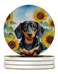 Dachshund in Sunflowers Large Sandstone Coasters Pack of 4 Absorbent Round Coasters Decor Gifts for Men or Women, 4 in, Multicolor