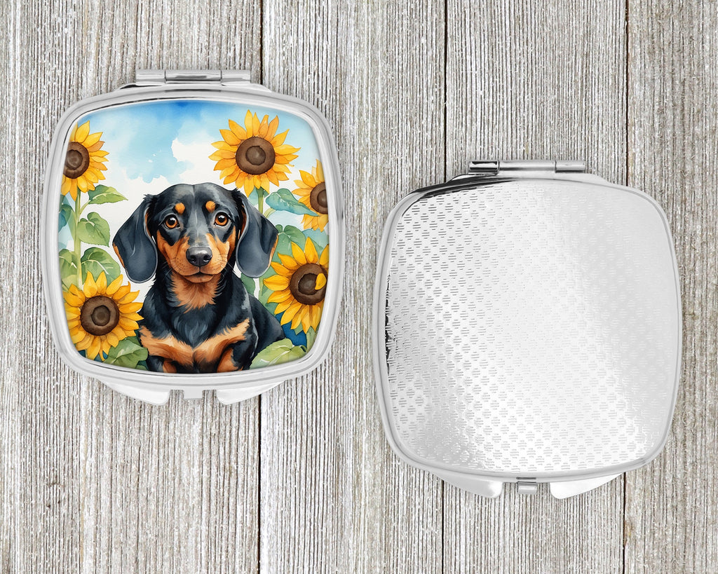 Dachshund in Sunflowers Compact Mirror Decorative Travel Makeup Mirror for Women Girls Gifts Pocket Makeup Mirror Folding Handheld
