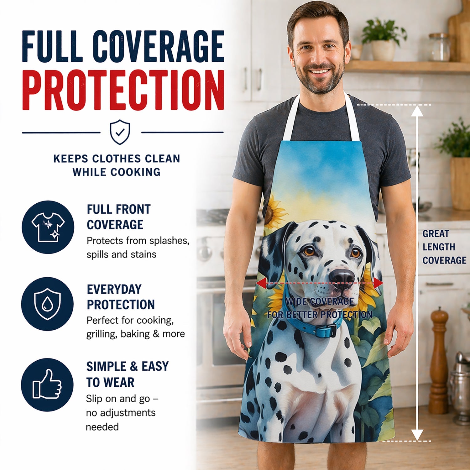 Dalmatian in Sunflowers Apron Cooking Kitchen Server Baking Crafts Gardening for Adult Women Men, Unisex, Large, Multicolor