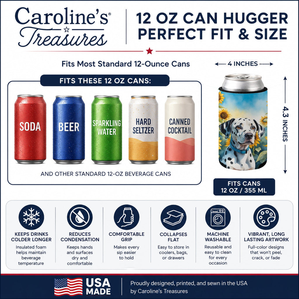 Dalmatian in Sunflowers Can or Bottle Hugger Cooler Sleeve for Standard 12 oz Cans, Insulated Foam Beer & Soda Can Hugger Reusable