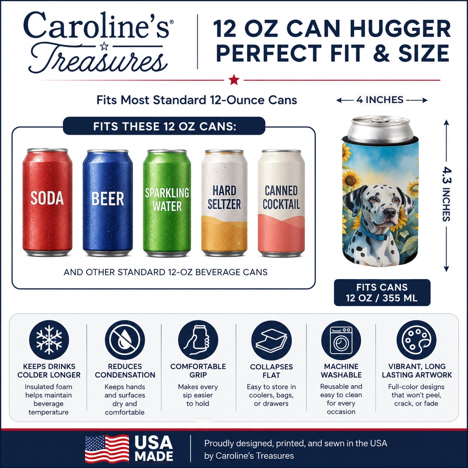 Dalmatian in Sunflowers Can or Bottle Hugger Cooler Sleeve for Standard 12 oz Cans, Insulated Foam Beer & Soda Can Hugger Reusable