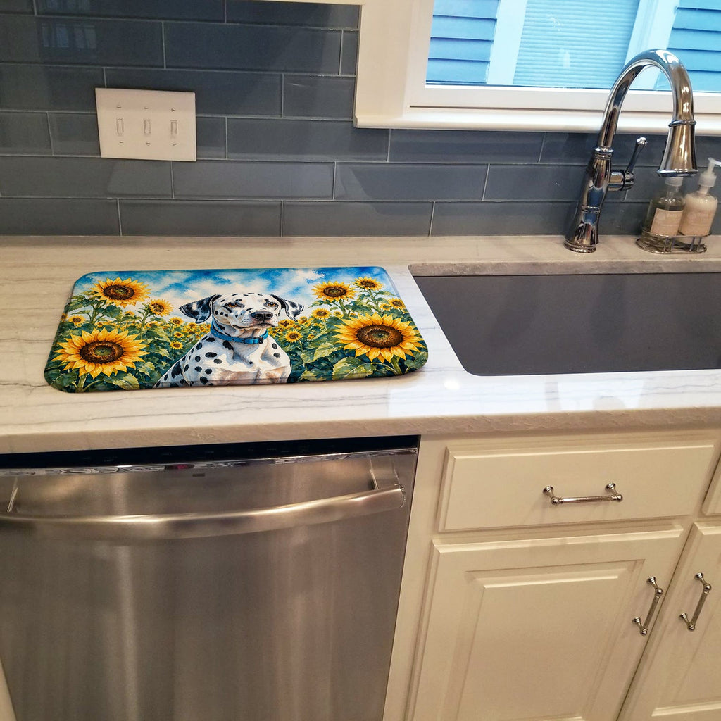 Dalmatian in Sunflowers Dish Drying Mat Absorbent Dish Drying Mat Pad for Kitchen Counter Dish Drainer Mat for Countertop, 14 x 21", Multicolor
